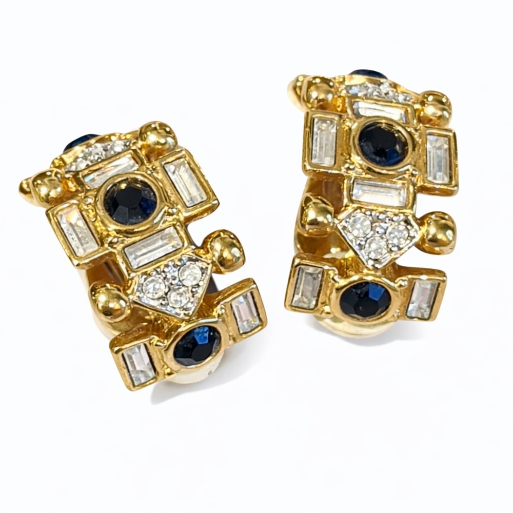Swarovski Swan Signed Gold Tone & Sapphire Crystal Vintage Clip Earrings